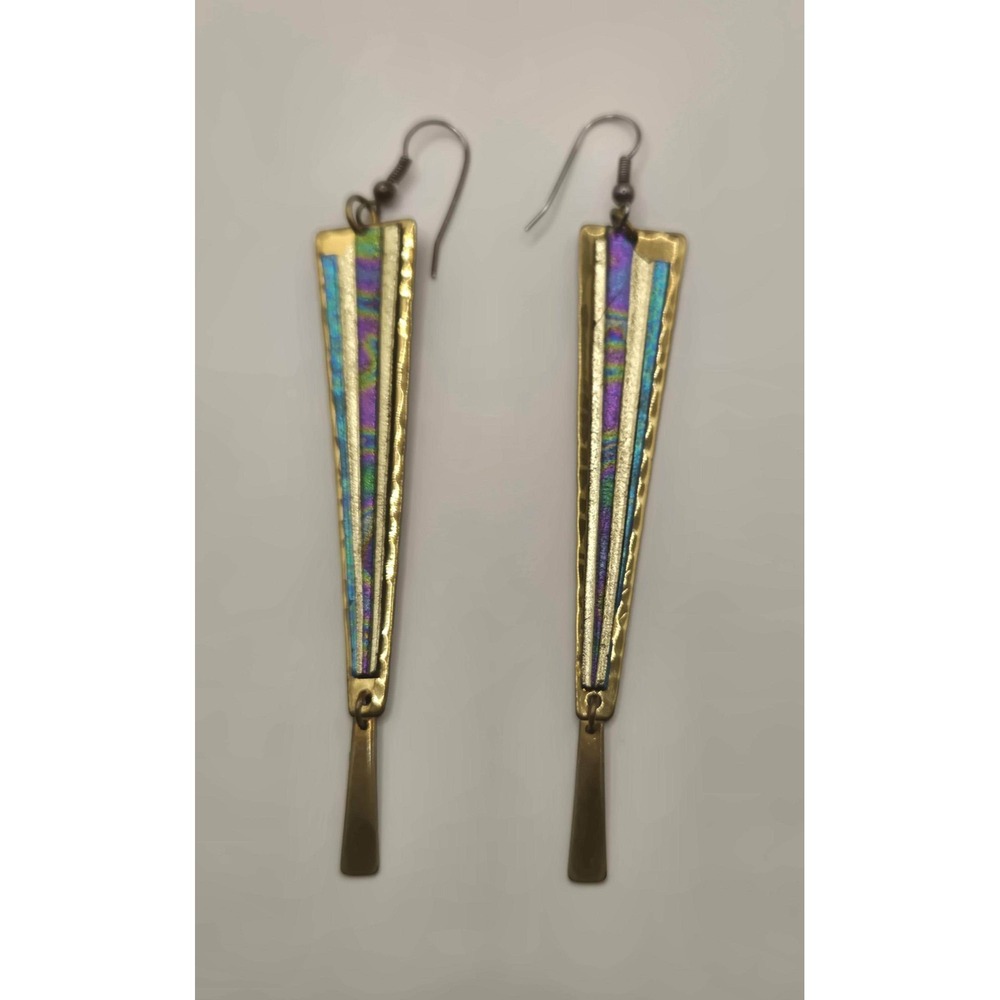 Artisan Iridescent Geometric Triangle Dangle Earrings Brass Tone Mixed Metal